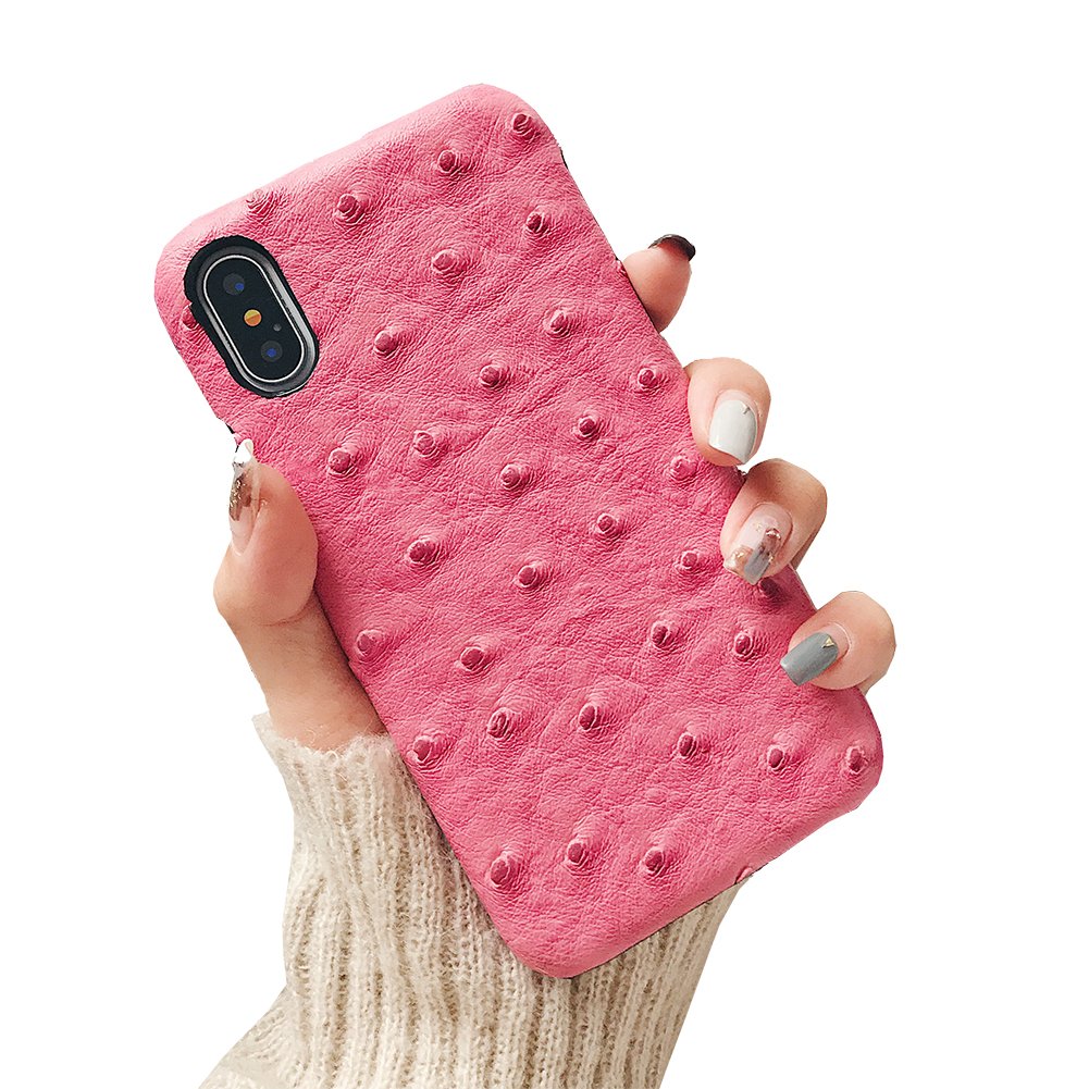 YonMeet Luxury Ostrich Grain Pattern Phone Case for iPhone X 10 Retro Geniune Leather Hard PC Back Cover (Pink)