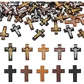 Cheriswelry 100Pcs Crucifix Cross Wood Pendants Crucifix Cross Printed Wooden Charms Dyed Wood Religious Dangle Charms 32.5-33.5mm for Men Women DIY Easter Necklace Jewelry Making