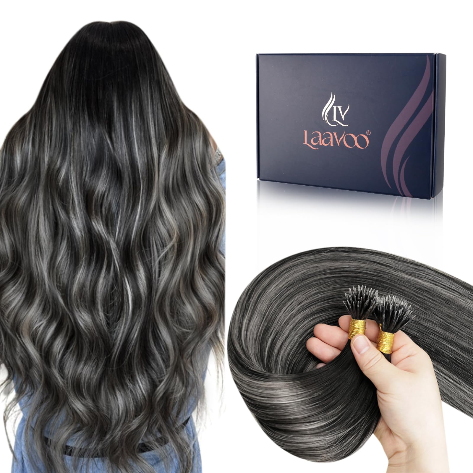 LaaVoo Nano Hair Extensions Real Human Hair Black Nano Beads Hair Extensions 24 Inch Balayage Natural Black to Silver Invisible Nano Ring Straight Remy Hair 50g 50s #1b/s/1b — image 1