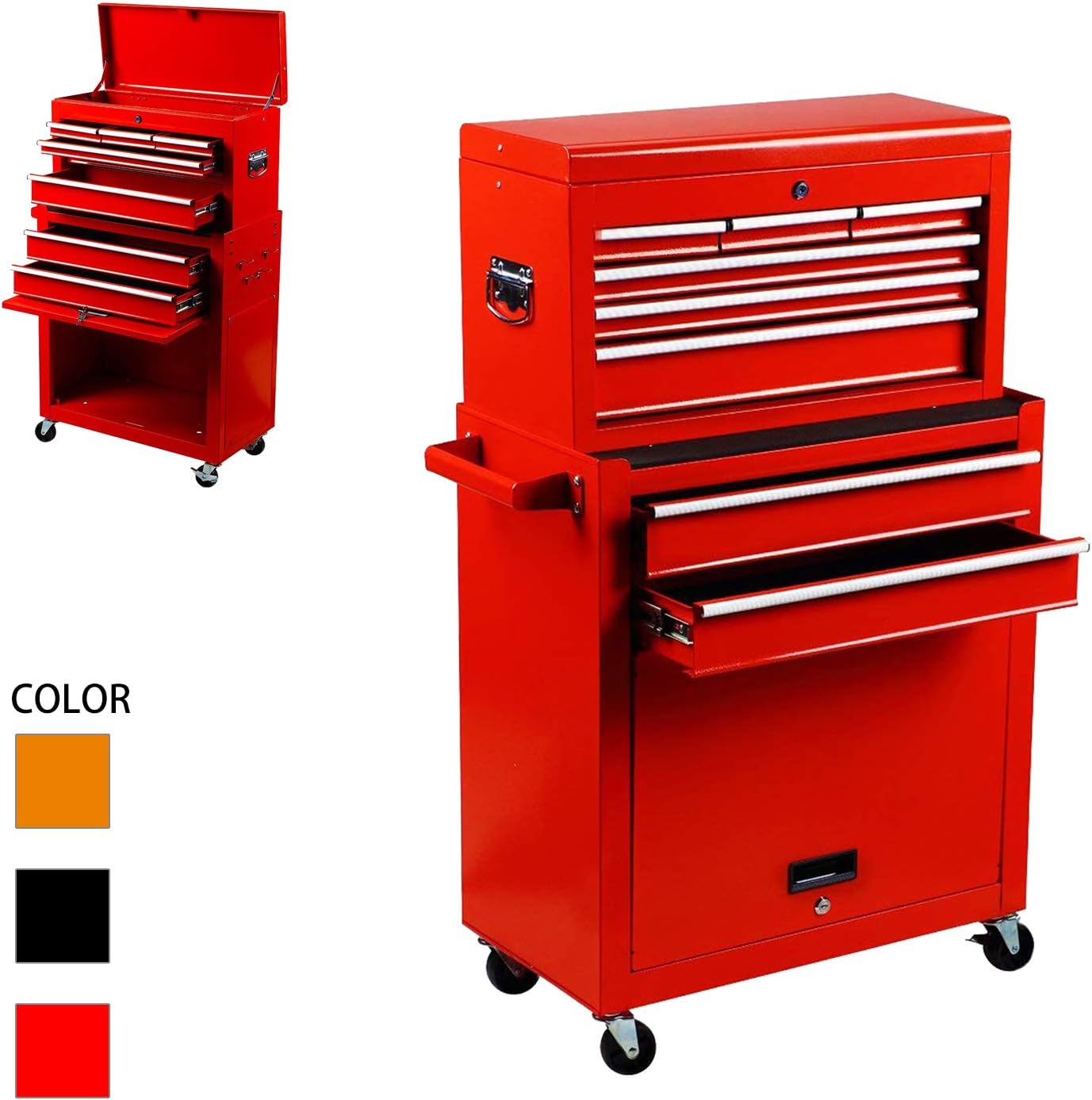 Tool box 8-Drawer,Portable Tool Chest with Wheels and Drawers for Storage Garage,Top Chest Removable Rolling Tool Cabinet,Top&Bottom Key Lockable,Red