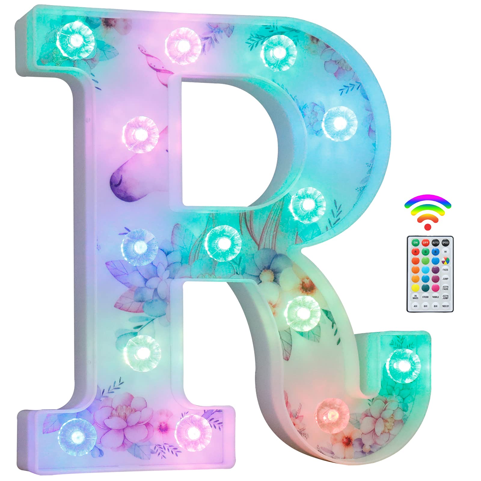 Unicorn Light Up Letters, LED Letter Lights 18 Color Changing Diamond Alphabet Sign Unicorn Gifts for Girls Women Party Birthday Decorations Remote Night Light Christmas Valentine Wall Table Decor - R