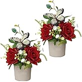Kainonnan 2 Pack Small Artificial Plants in Pots Rose Decor Fake Flowers in Pot Decorative Plants for Home Bathroom Shelf Party Wedding Office Table Decor(Red)