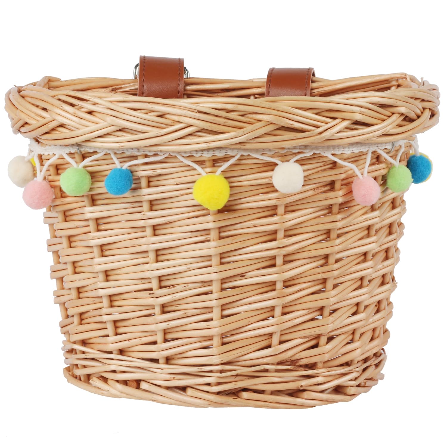 AVASTA Bicycle Basket for Children, Wicker Bicycle Basket for Bicycle, Scooter, Tricycle with Leather Straps/Colorful Fur Ball Decoration, Size S, Honey Yellow