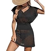 PrettyGuide Women's Crochet Swimsuit Cover Up V Neck Summer Short Sleeve Beach Knit Swimwear Coverups Dresses