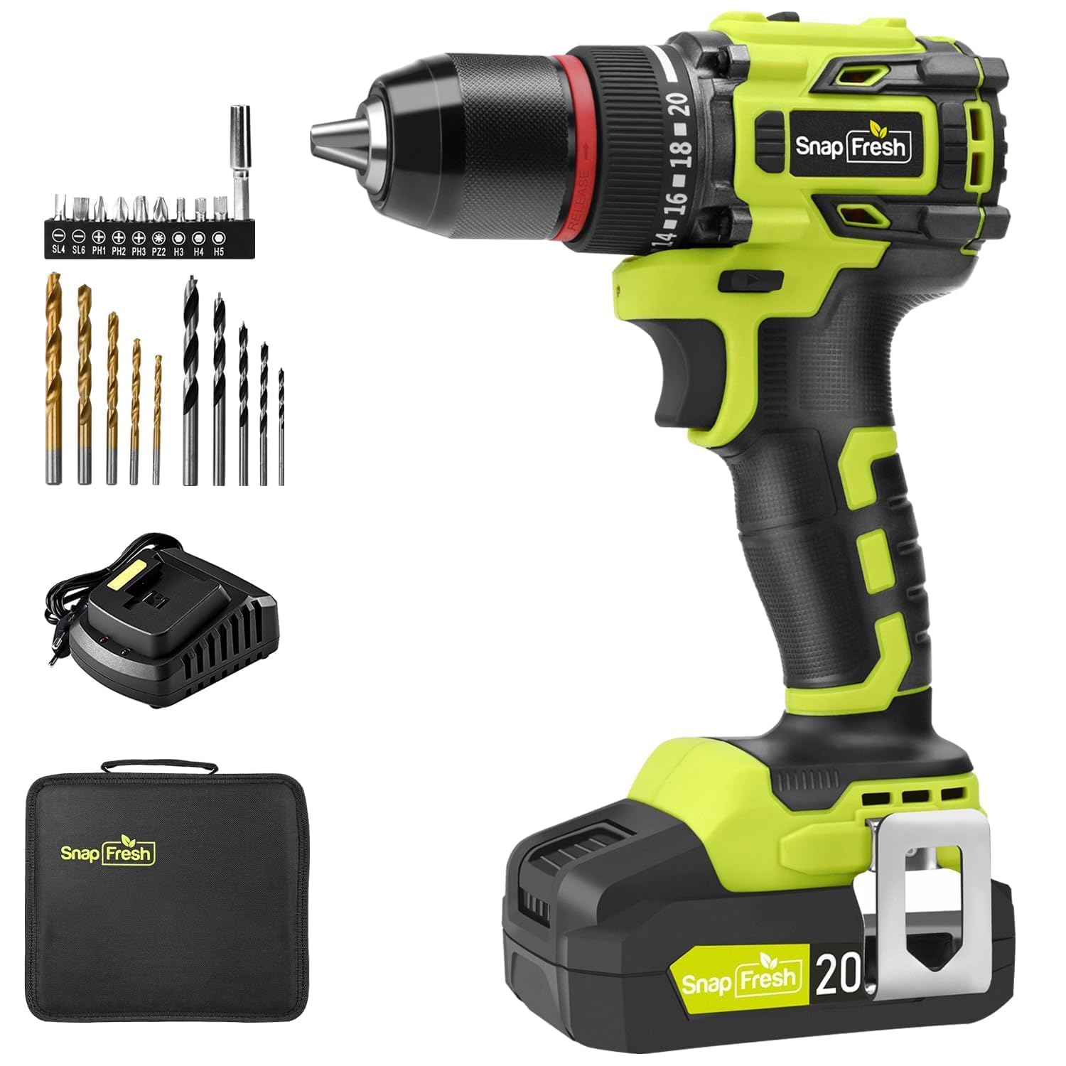 Photo 1 of SnapFresh 20V Cordless Brushless Drill Driver, 1/2" Compact Power Drill Set with 500 in-lbs Torque, 20+1 Clutch & 2 Variable Speeds, LED, 2.0Ah Battery & Fast Charger, Electric Tool Kit for Home & DIY