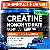 PURA WEX NUTRITION Creatine Monohydrate Gummies 8500mg Complex for Men & Women - Pre Workout Creatine Chews for Muscle Growth, Strength & Energy, Sugar Free, Vegan, Blueberry Flavor - 120 Count