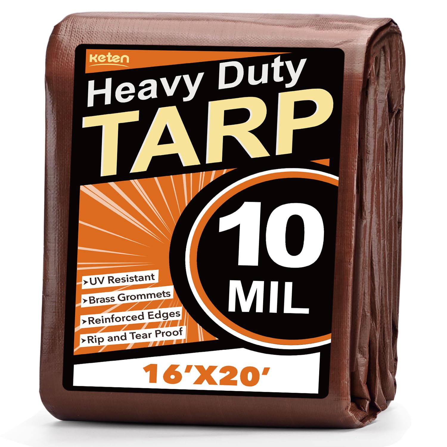 Keten Tarps Heavy Duty Waterproof 16X20Ft, 10 Mil Thick Multipurpose Poly Tarp Tear & Fade Resistant, UV Blocking, Outdoor Tarp with Reinforced Grommets for Roof, Camping, Patio, Pool (Brown/Silver) Image