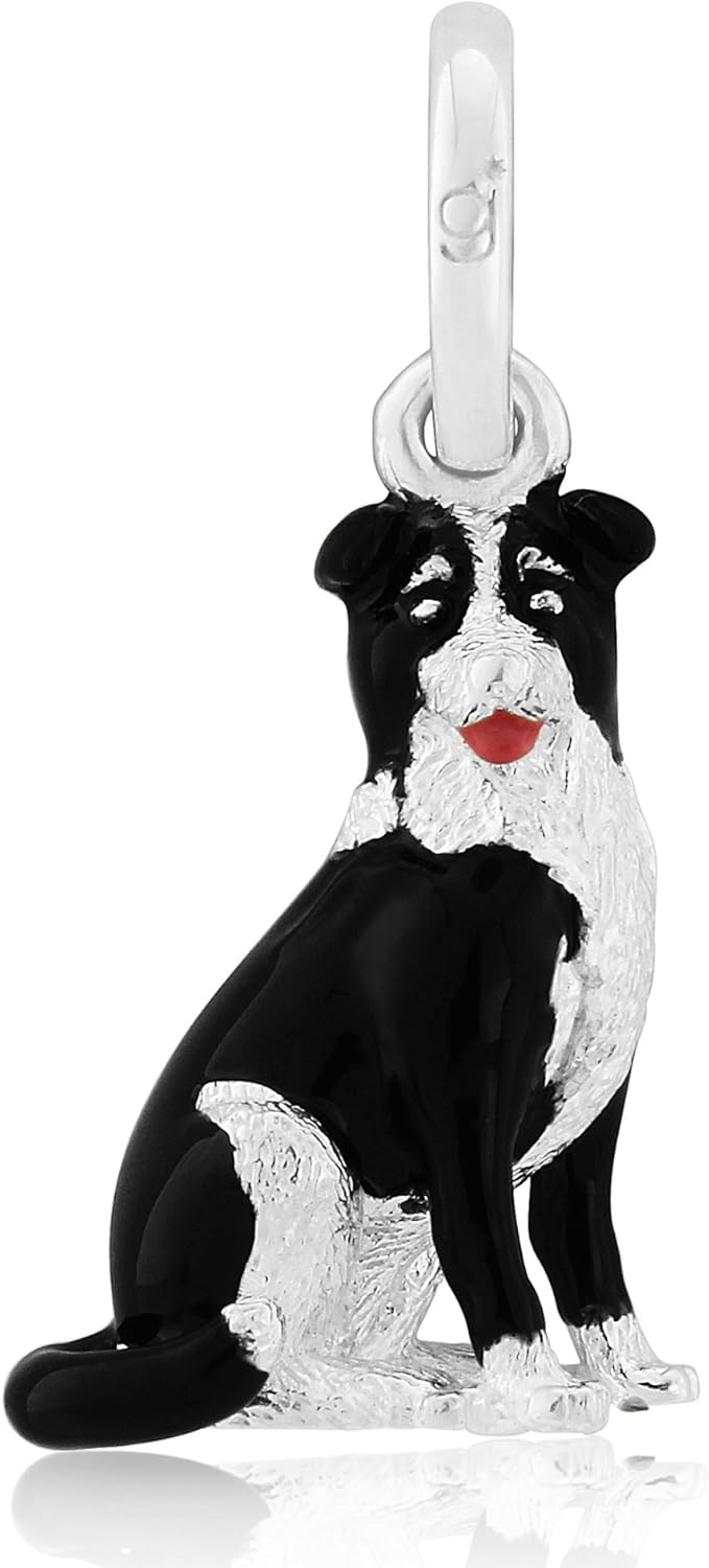 Gemma J Border Collie Dog Charm, silver dog charm compatible with most charm bracelets or as a pendant, Black,Silver