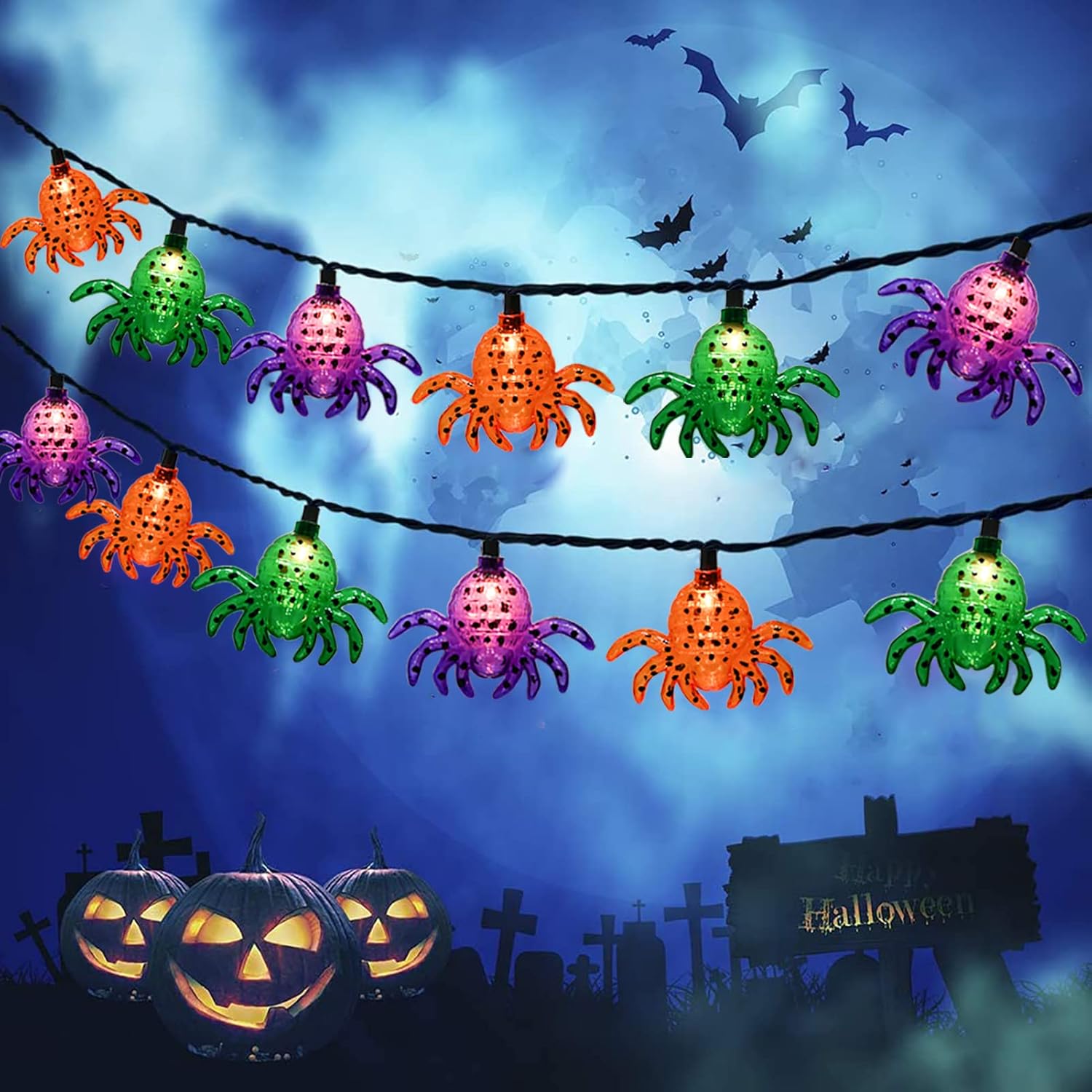 Weathervanes - Oviejo Halloween Multicolor Spider String Lights, 8.5Ft Halloween String Lights with 10 Spider Lights, Spider Halloween Decor Lights for Patio, Garden, Gate, Yard, Halloween Decoration