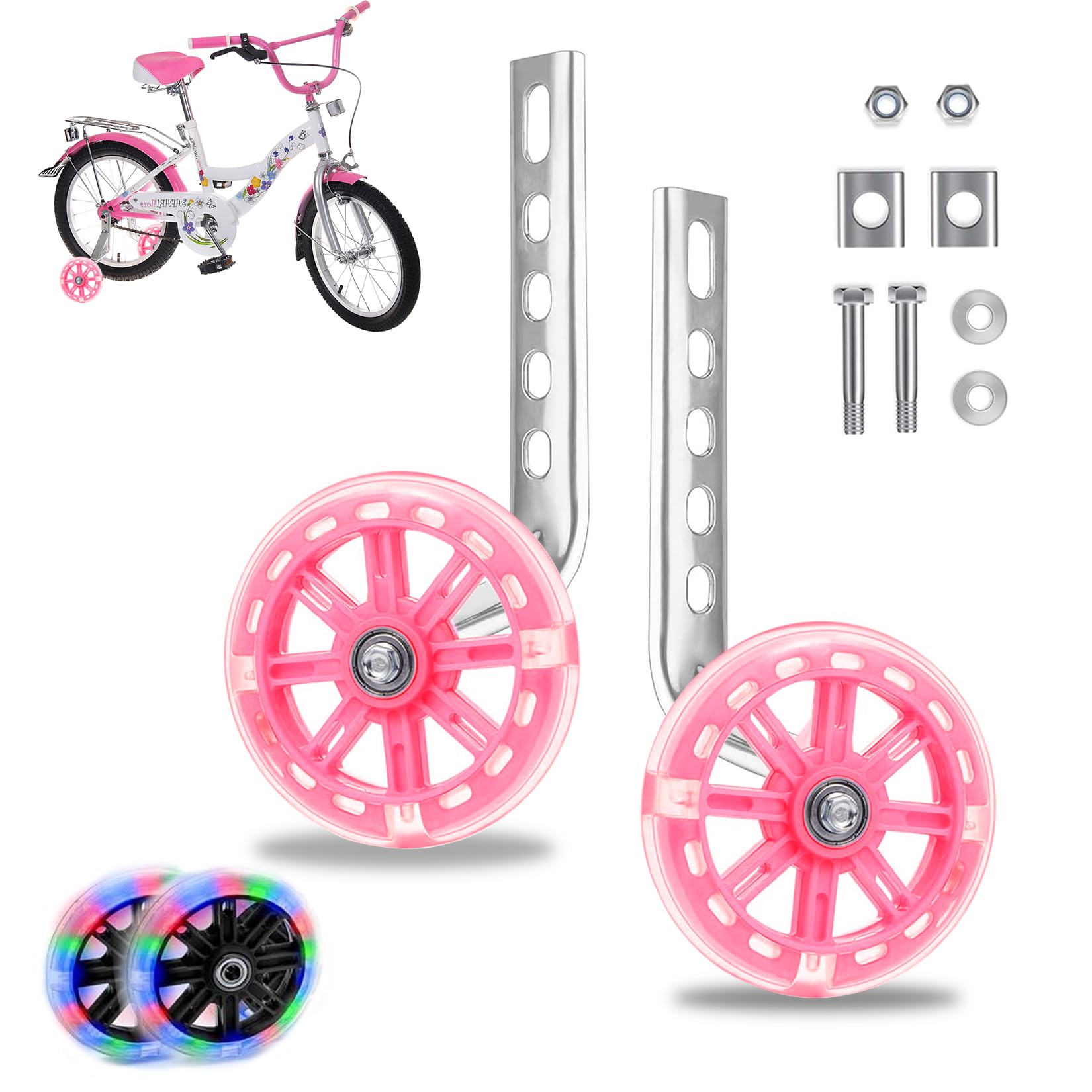 GothicBride Bicycle Stabilisers, Universal Stabilisers for Children's Bike, Flash Wheels, Auxiliary Wheels, for 12, 14, 16, 18, 20 Inch Children's Single Speed Bicycle (Pink)