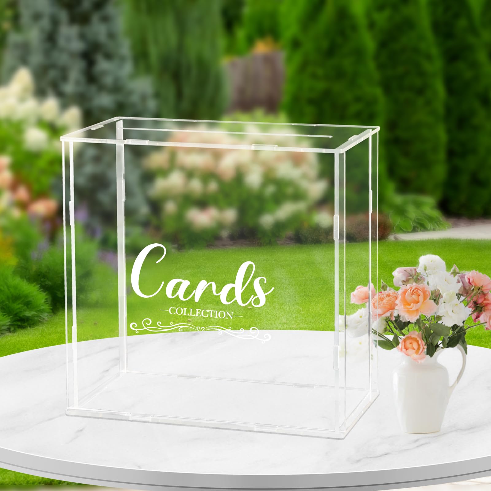 Photo 1 of Clear Acrylic Wedding Card Box, Large DIY Rustic Card Box Blank No Print Detachable for Wedding Reception, Graduation Party, Bridal Shower, Keepsake Party Favor, Home Decor (10 x10 x 5.5 Inch)