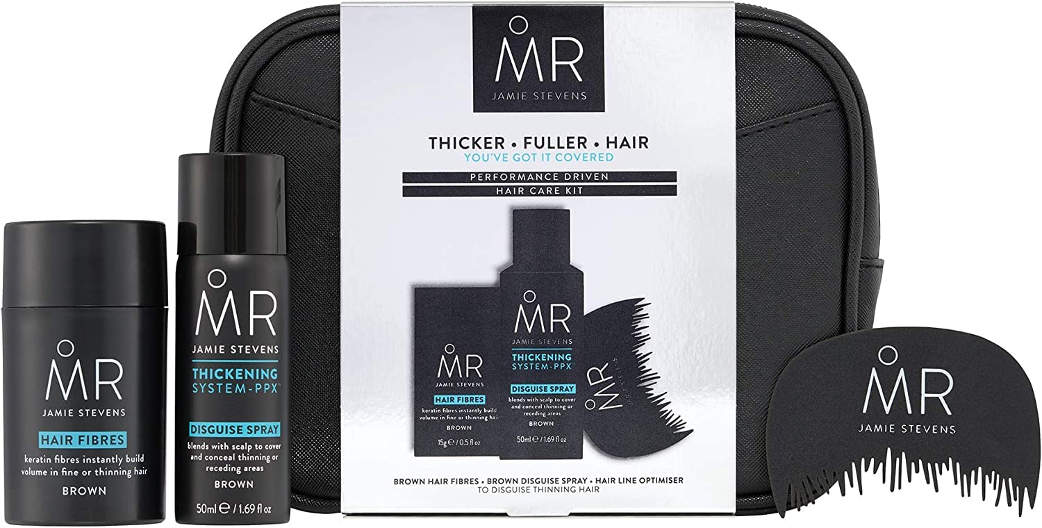 MR Haircare Kit, for Concealing and Covering Hair Loss with MR Disguise Hairspray 50 ml, MR Hair Fibres and Hairline Optimiser, for Men, Shade Brown