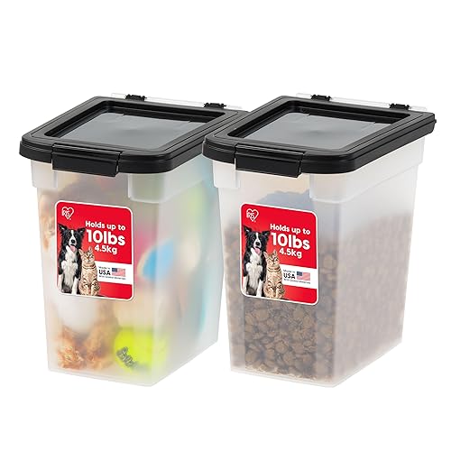 IRIS USA Airtight Dog Food Storage Container, Up to 10 lbs Each, 2 Pack, for Dog Cat Bird and Other Pet Food Storage Bin, Keep Fresh, Translucent Body, BPA Free, Clear/Black