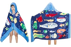 BANGSAUR Kids Hooded Beach Bath Towels, 100% Cotton 50"x30" Wrap Bathrobe, Toddlers Boys 3-12 Years Coverup Towel Ocean Fish