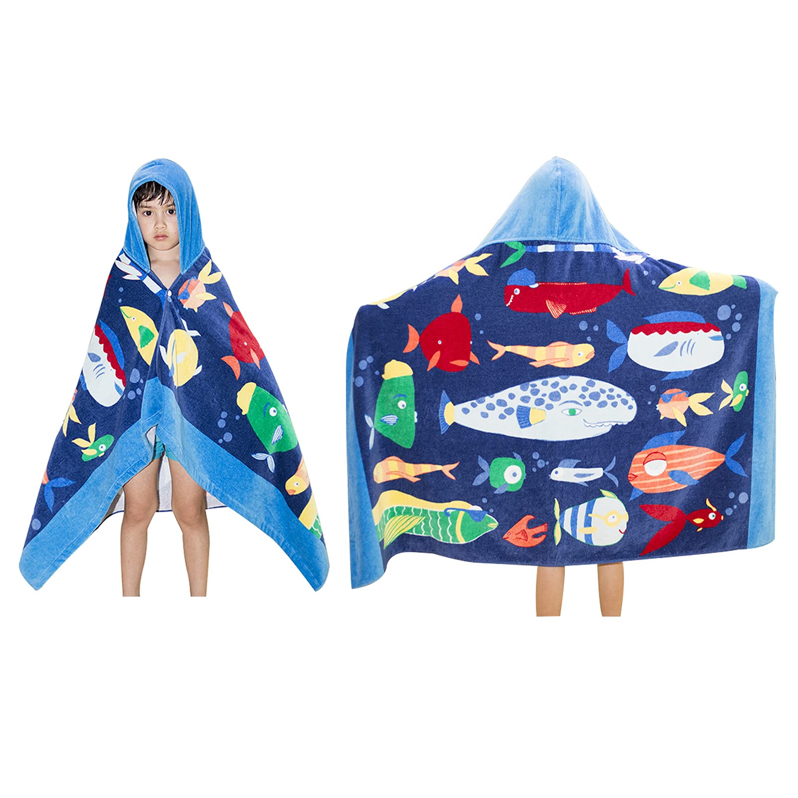 BANGSAUR Children's Hooded Bath Beach Towel, 100% Cotton 50"x30" Wrap, Kids Toddlers Girls Boys 3-12 Years Coverup(Ocean Fish)