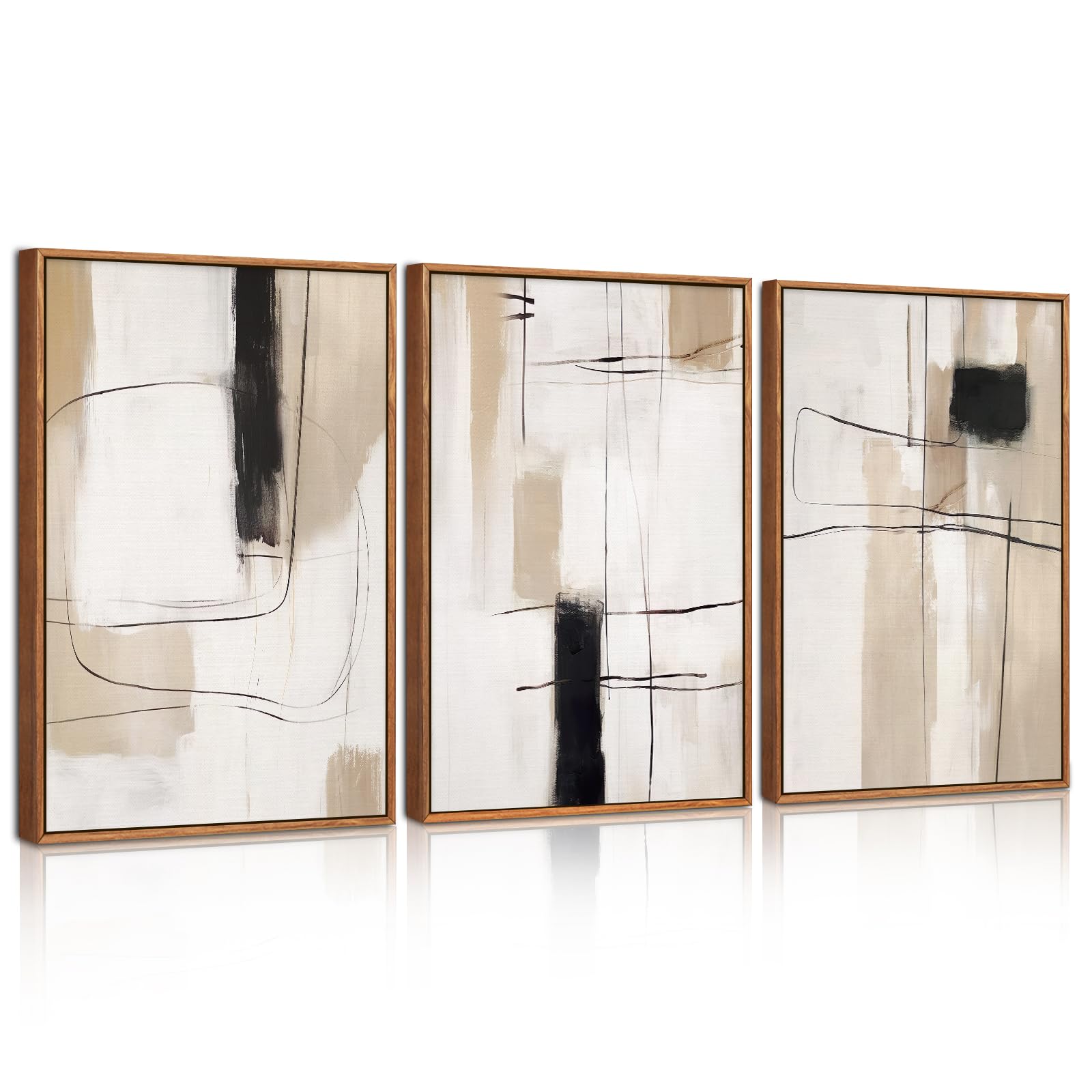 CHDITB Wooden Framed Abstract Yellow Gray Canvas Wall Art,Set of 3 Modern Abstract Canvas Wall Poster,Black and White Wall Prints,30x40cm Neutral Minimalist Wall Decor for Living Room,Bedroom,Office