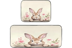 JUZIHAI Kitchen Rug Mats 2PCS, Easter Bunny Cushioned Anti-Fatigue Floor Mats - Absorbent Non-Slip Washable Carpet for Kitche