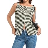 Kaei&Shi Button Down Tank Top,Striped Knit Vest Shirt,Summer Going Out Sleeveless High Neck Tops