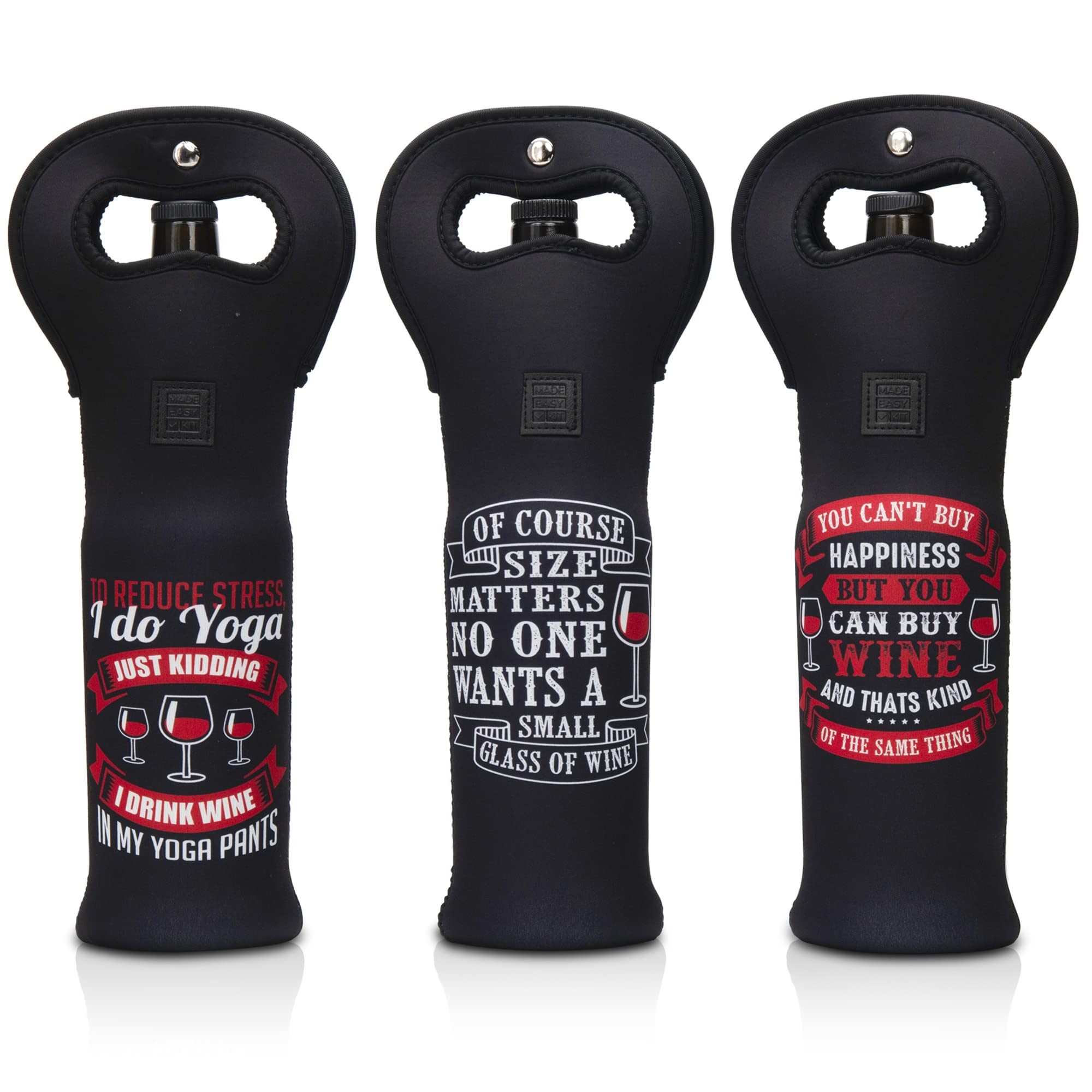 Wine Tote Carrier Bag from Made Easy Kit Neoprene Champagne Bottle Protective Travel or Gift Bag -Set of 3 (Funny Wine Lines (Black))