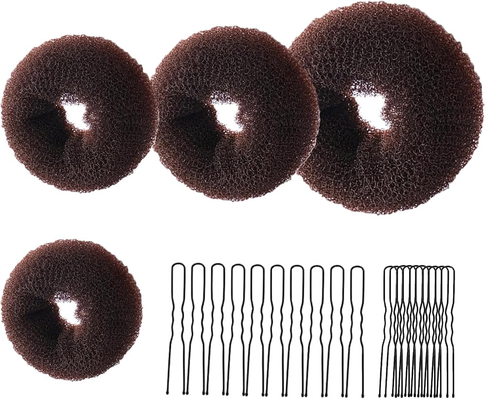 YHQZ 4 Pcs Brown Ring Donut Bun Shaper Set w/ 20 Hair Pins Kids Women