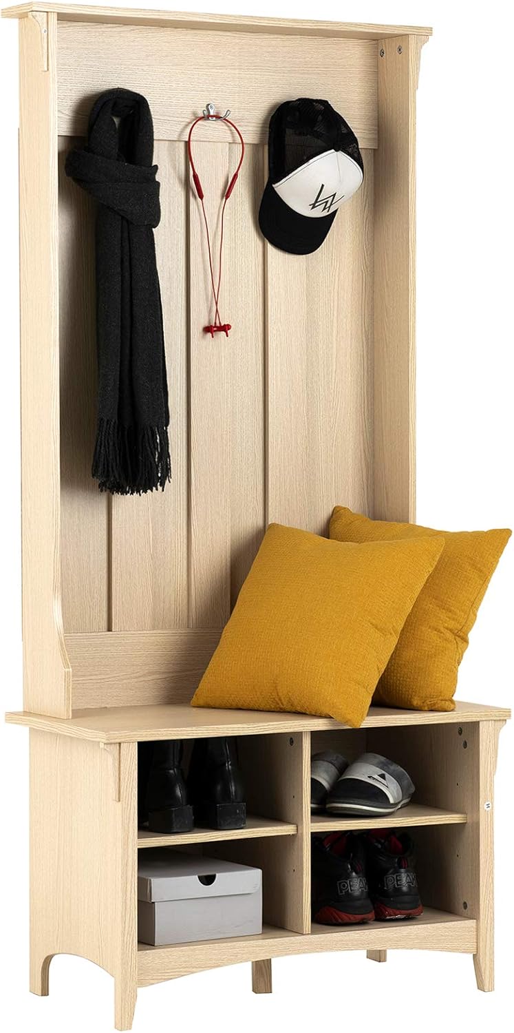 hallway storage bench for shoes on 3 Removable Hooks Free Standing Hall Tree Entryway Storage Shelf With 2 Tier Shoe Bench Easy Assembly Mecor 3 In 1 Coat Rack Shoe Bench Natural Hall Trees Home Kitchen