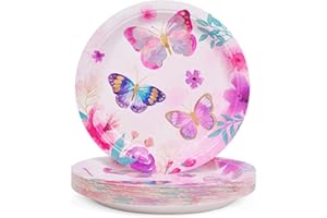DECORLIFE Butterfly Plates for 30 Guests, 9 Inch Paper Plates, Butterfly Birthday Party Supplies for Girls