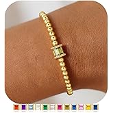 M MOOHAM Valentines Gifts for Her Girls - Birthstone Gold Beaded Bracelets for Women, Dainty Elastic 14K Real Gold Plated Bracelets Trendy Non Tarnish Friendship Birthday Jewelry Gifts for Women