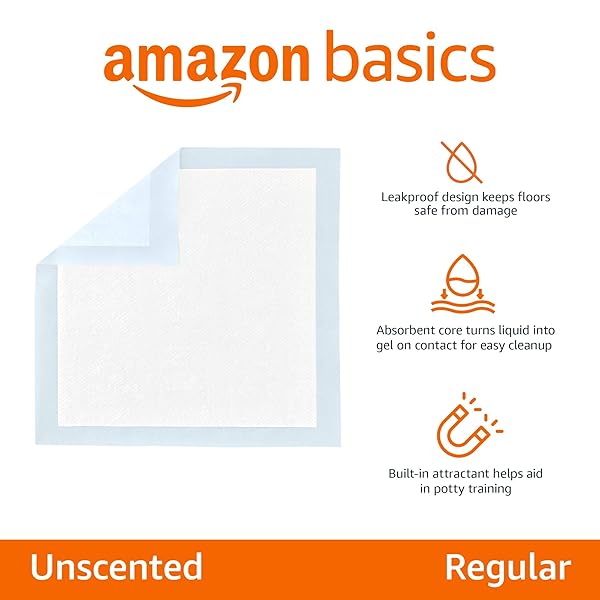 AMAZON BASICS ABSORBENT, LEAK-PROOF DOG AND PUPPY PEE PADS WITH 5-LAYER DESIGN AND QUICK-DRY SURFACE FOR POTTY TRAINING, STANDARD ABSORBENCY, REGULAR SIZE, 22 X 22 INCH – PACK OF 50, BLUE & WHITE