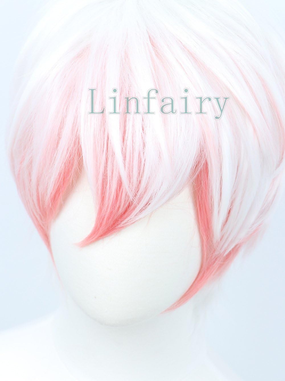 Linfairy Short Straight Pink White Cosplay Wig Halloween Costume Full Wig for Men, pink+white, 33 cm x 4 cm - Image 4
