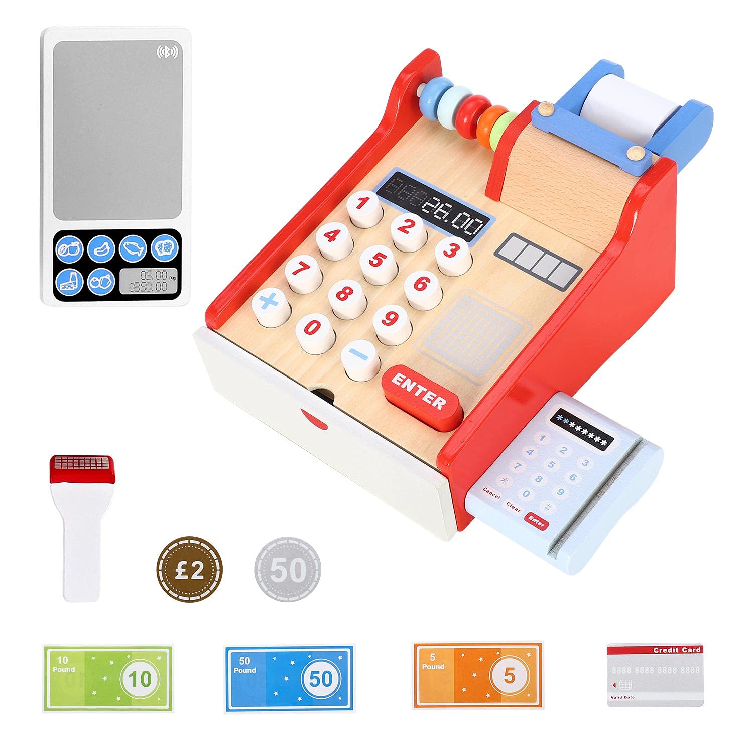 SOKA Wooden Cash Register Children’s Shop Grocery Checkout Till Toy Cashier Role Play Supermarket Shopping Money Educational Pretend Playset for Kids Children Girls Boys 3 year old +