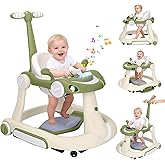 Baby Walker with Wheels, 5-in-1 Foldable Infant Toddler Walker for Boys Girls 6-18 Month, Music Walker for Baby with Car Steering Wheel &Removable Footrest,Baby Push Walker Green