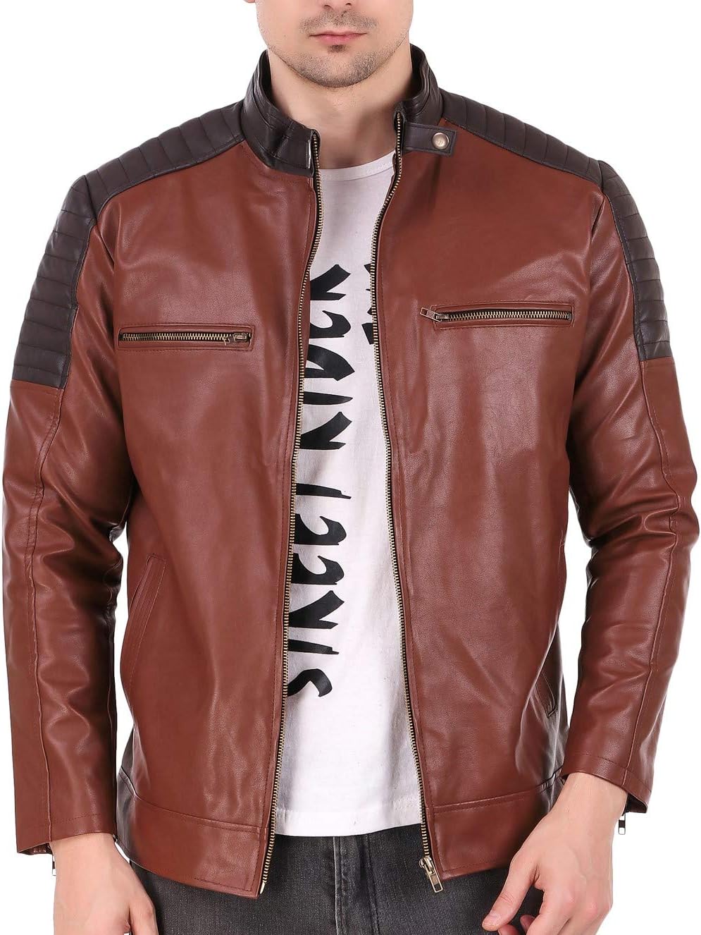 Leather Retail® Brown Crafted Design Faux Leather Jacket for Man’s