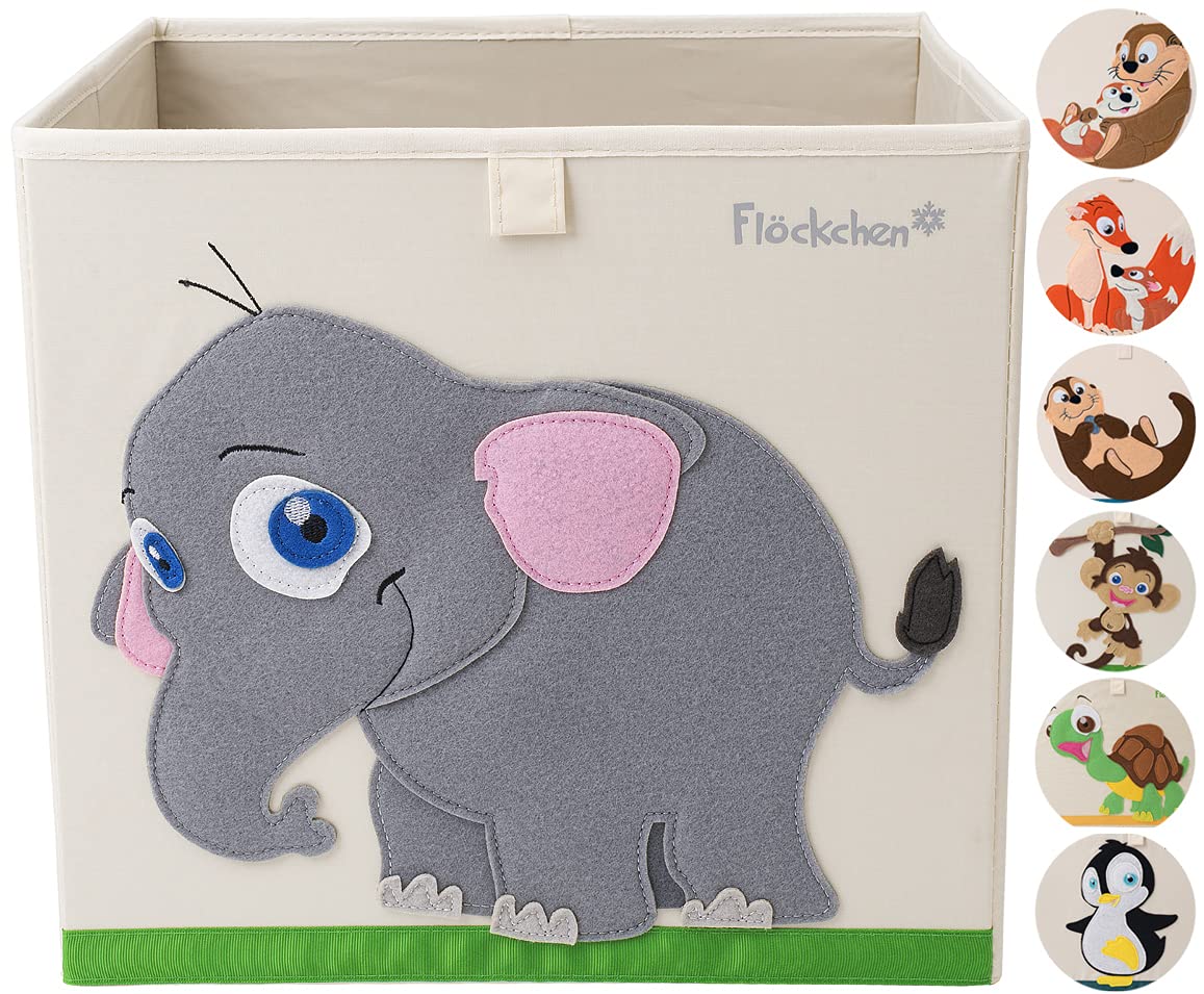Flöckchen Children's Storage Box, Toy Box for Children's Room, Toy Box (33 x 33 x 33 cm) Fits in Kallax Shelf, Children's Animals Motif (Emilia the Elephant)