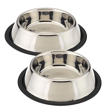 King International Stainless Steel Anti Skid Pet Food Water Bowl (420ml) - Set of 2