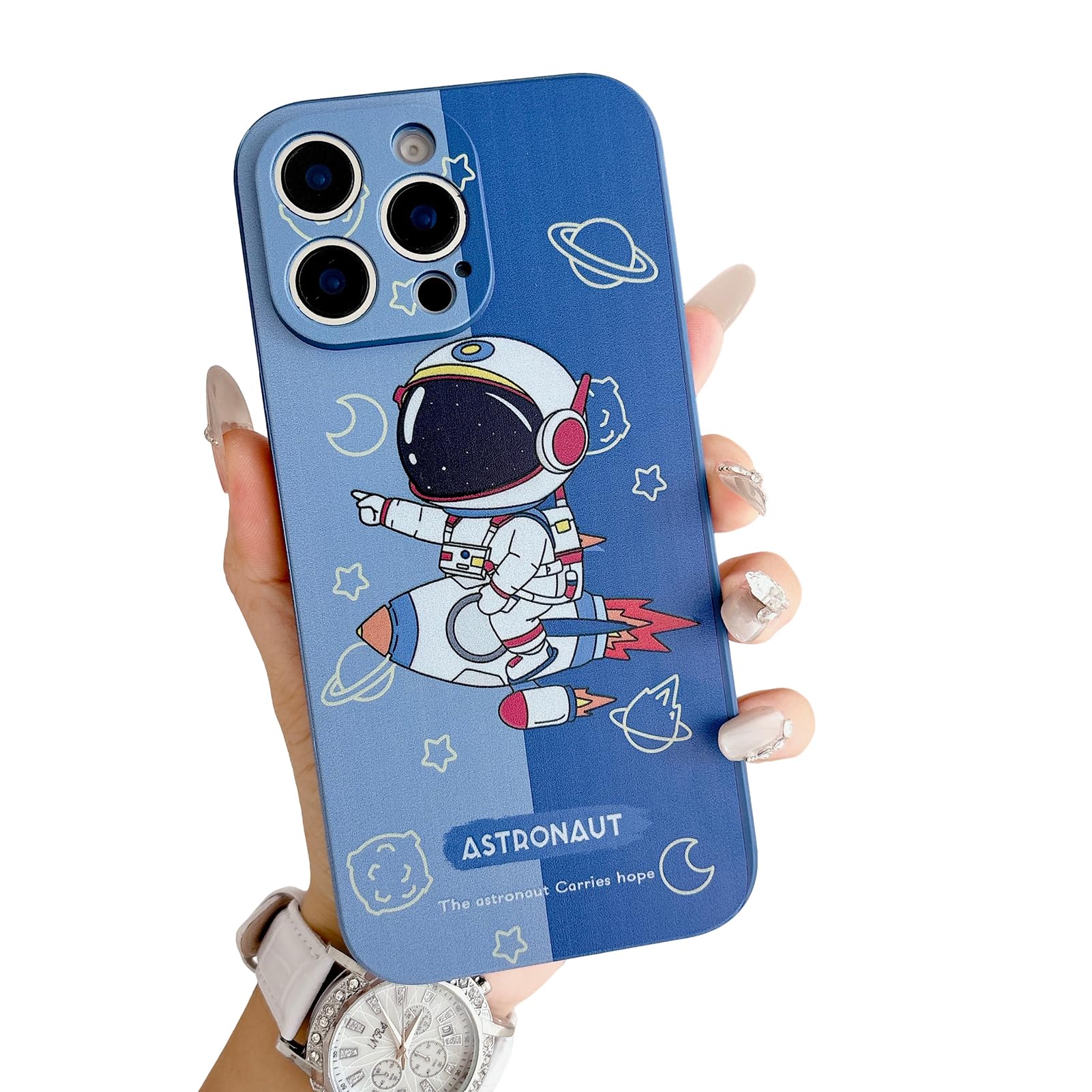 Yonds Queen Compatible with iPhone 15 Cute Case, Cartoon Cool Astronaut Space Rocket Moon Design Stylish Bumper TPU Protective Anti-Slip Shockproof Fashion Case(Blue Rocket, iPhone 15)