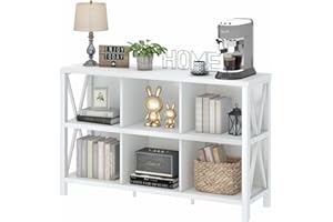 FATORRI 6 Cube Storage Organizer with Shelf, Long Wood and Metal Cubby Bookcase, Industrial Horizontal Bookshelf (White Oak, 47 Inch)