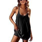 Lentta Womens Athletic Sleeveless Mini Dress with Built-in Shorts V Neck Spaghetti Strap Sundress