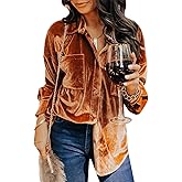 Kedera Womens Velvet Long Sleeve Button Down Shirt Jacket Retro Blouse Lapel Tunic Tops