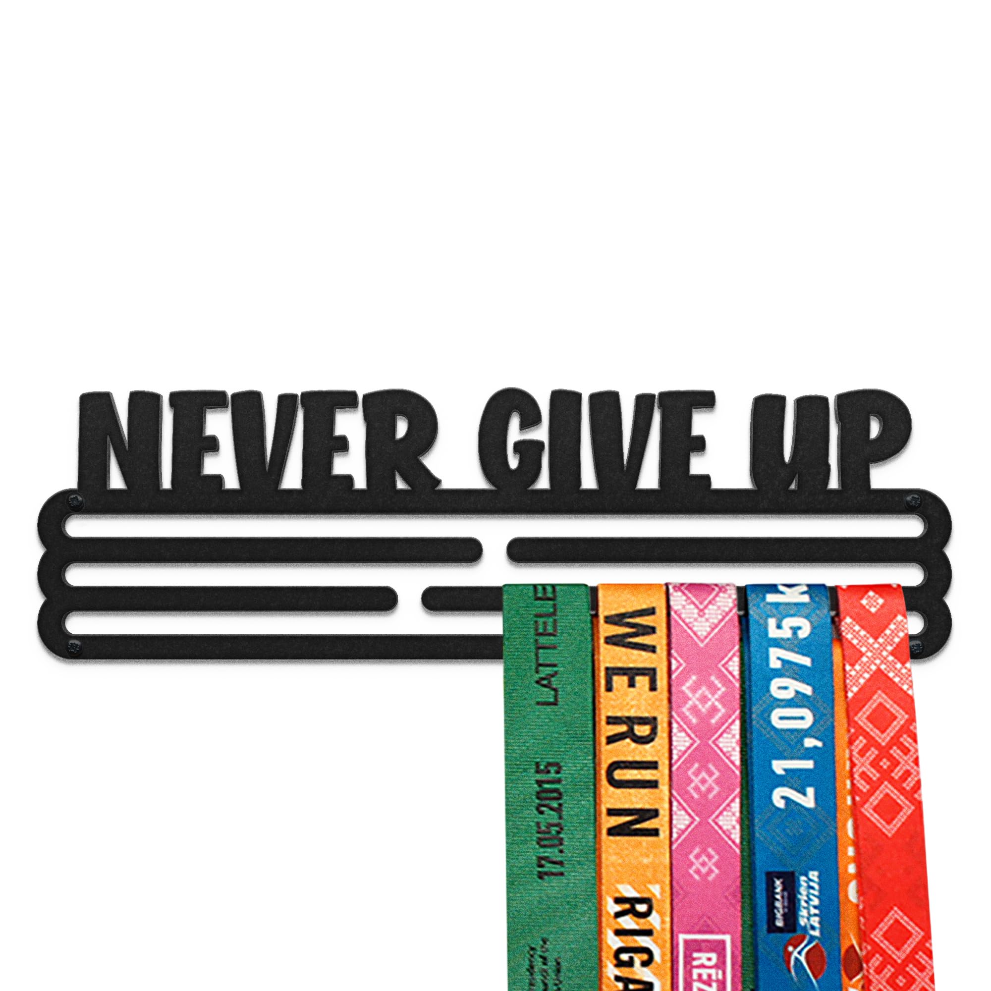United Medals NEVER GIVE UP Sport Medal Hanger Display | Matte Black Steel Medal holder | Awards display rack for up to 30 medals