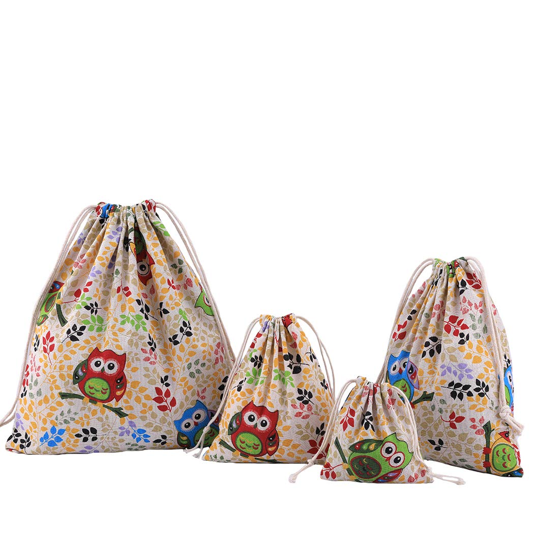 Amoyie 4 pcs Drawstring Storage Bag Set for Baby Stuff, Travel Home Accessories - Colorfull Owl