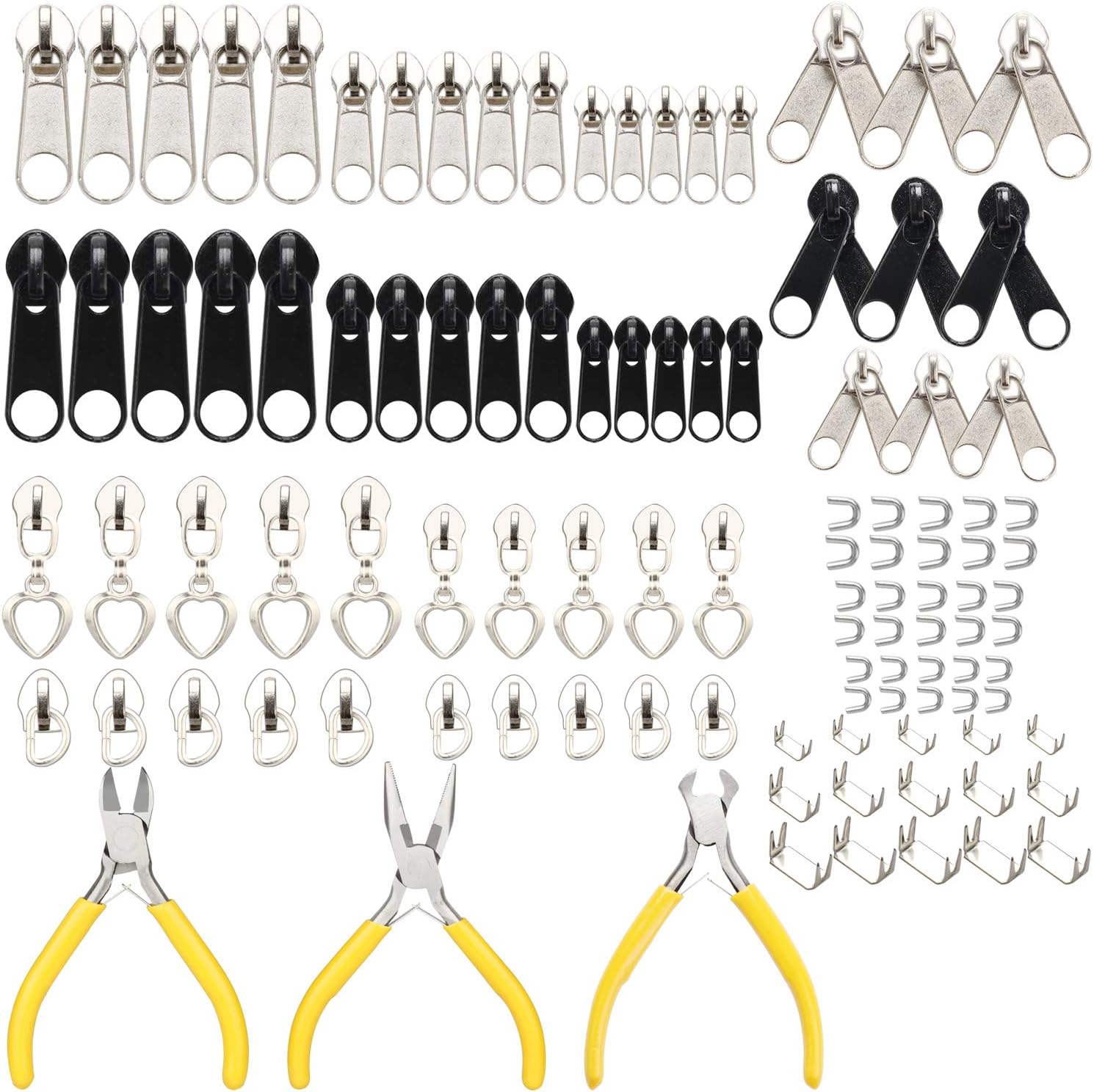 SUBANG 107 Pieces Zipper Replacement Zipper Repair Kit with Zipper Install Pliers Tool, Silver and Black