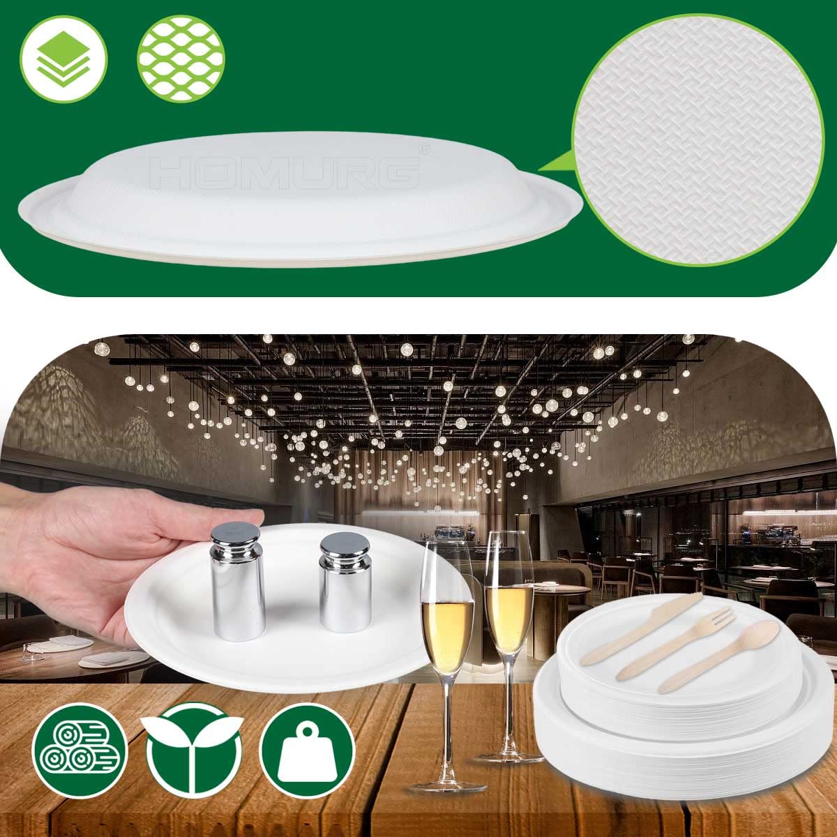 HOMURG Einweg Teller und Holz Besteck 30 Set, Einweggeschirr Set mit Dessertteller + Speiseteller + Gabel + Messer + Löffel 150 Stück, Party Geschirrset mit Pappteller und Holzbesteck für 30 Personen 3