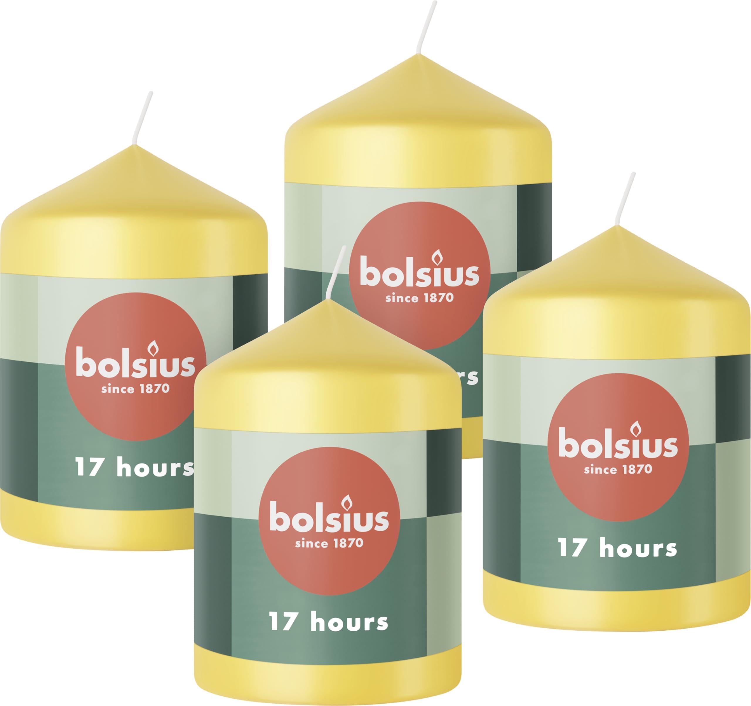 Bolsius Pillar Candles - Yellow - 4-Pack - 8 x 6 cm - Decorative Household Candles - Long Burning Time of 17 Hours - Unscented - Includes Natural Vegan Wax - Without Palm Oil