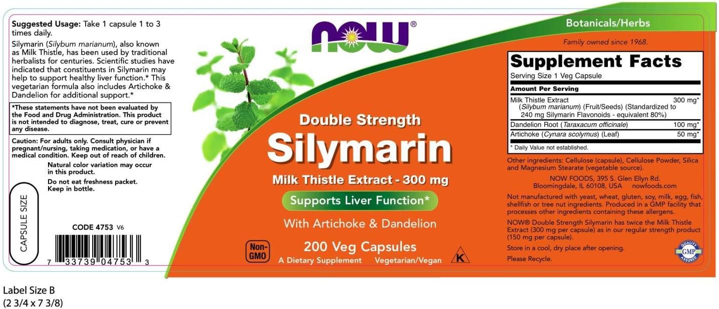 NOW Supplements, Silymarin Milk Thistle Extract 300 mg with Artichoke and Dandelion, Double Strength, Supports Liver Function*, 200 Veg Capsules: Health & Personal Care