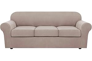 H.VERSAILTEX 4 Piece Stretch Sofa Covers for 3 Cushion Couch Covers for Living Room Slipcovers (Base Cover Plus 3 Seat Cushion Covers) Upgraded Thicker Jacquard Fabric (Sofa, Sand)