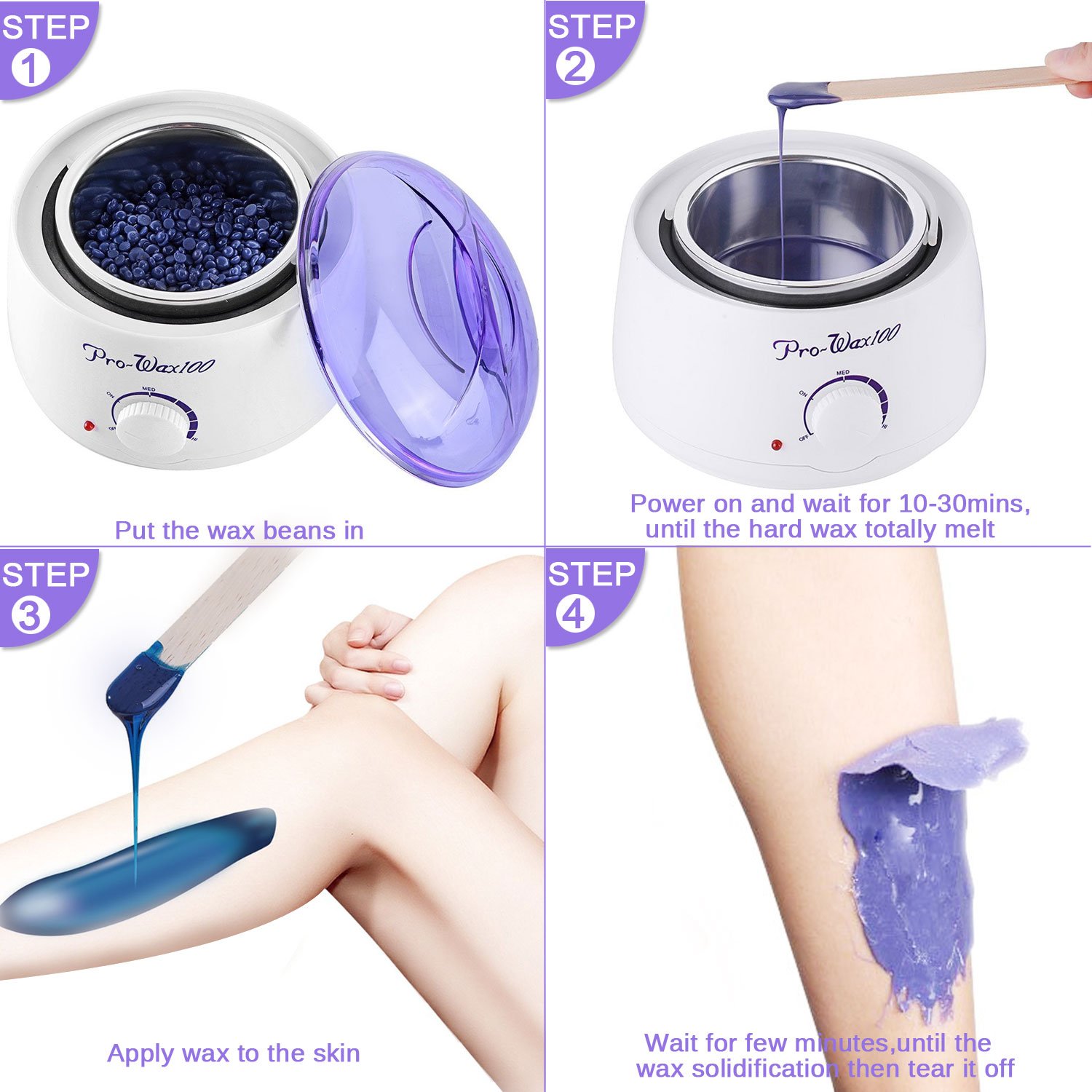 ASDOMO 500CC Portable Electric Hair Removal Wax Warmer+10.58 OZ Hair Removal Hard Wax Beans+10PCS Wax Applicator Sticks