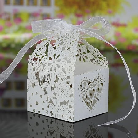 Amazon バレンタインデー Valentine S Day ギフト用 ラッピング ボックス 包装 箱 レース模様 オーガンジーリボンつき 組立箱 枚セット White ホワイト ギフトボックス 文房具 オフィス用品