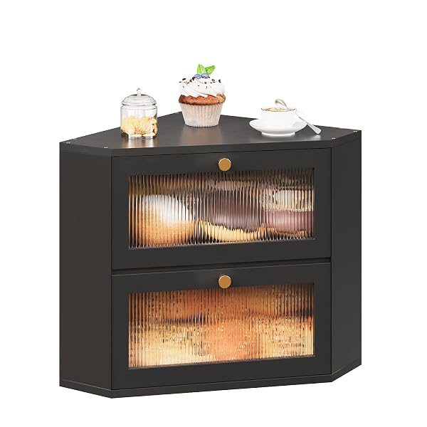 TRIRONSUN CORNER BAMBOO BREAD BOX FOR KITCHEN COUNTER DOUBLE LAYER BREAD STORAGE CONTAINER LARGE CAPACITY BREAD STORAGE BIN WITH WAVY ARCYLIC TRANSPARENT DOOR (BLACK)