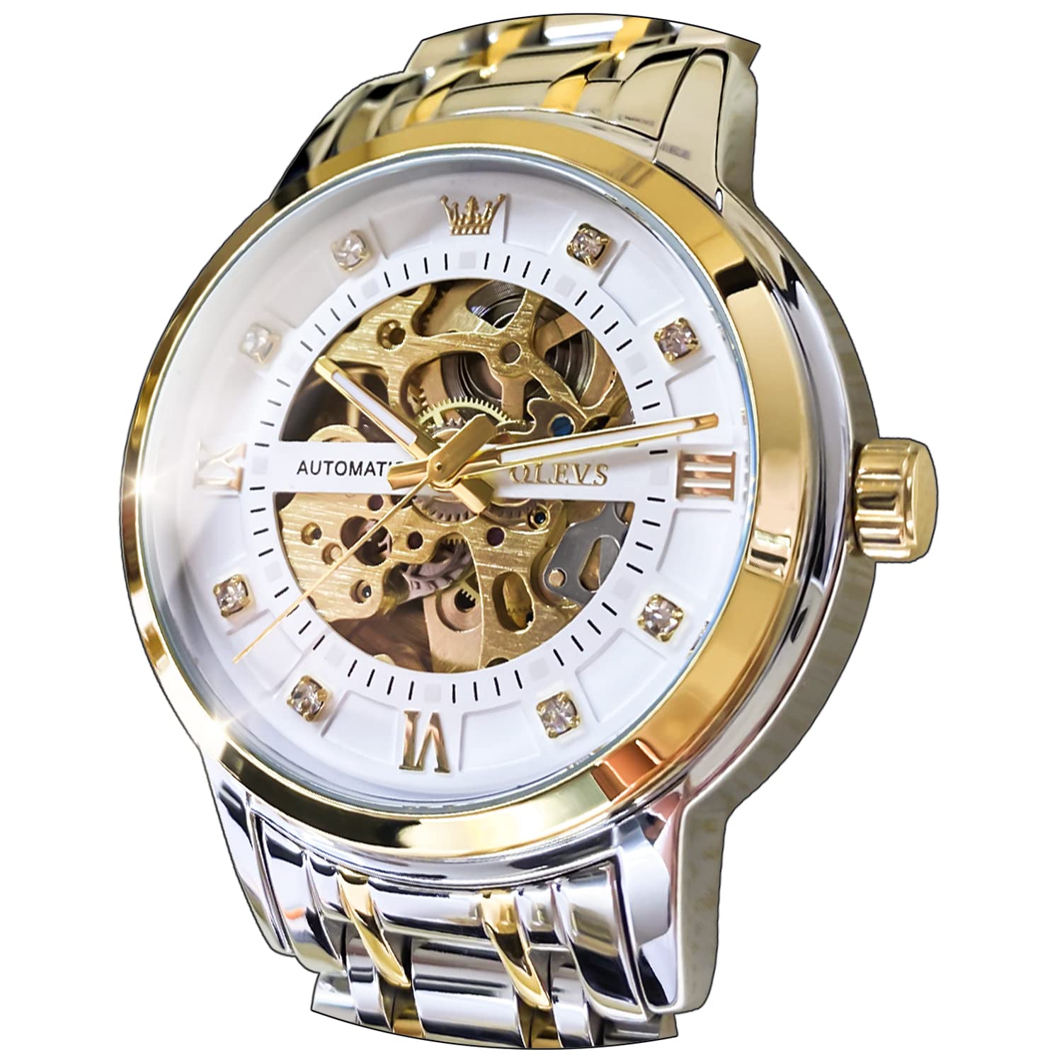 OLEVS Men’s Gold Skeleton Watch Automatic Mechanical self Winding Luxury Dress Stainless Steel Waterproof Luminous Wrist Watches