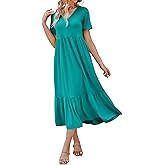 Women's 2026 Summer Short Sleeve V Neck Swing Dress Flowy Tiered Maxi Beach Sundress with Pockets